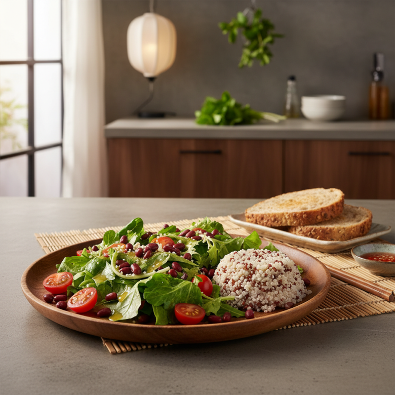 Đĩa ăn bảo vệ tim: salad với đậu adzuki, quinoa, rau trộn và bánh mì nguyên cám.