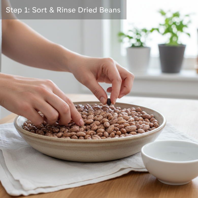 Quy trình ngâm và nấu đậu: ngâm, rửa đổi nước và nấu chín, minh họa các bước an toàn.