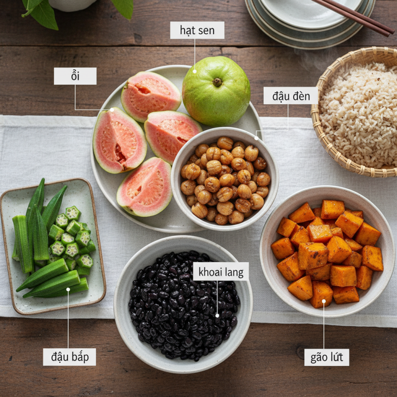 Các thực phẩm giàu chất xơ hòa tan ở Việt Nam: ổi, đậu đen, khoai lang, đậu bắp, gạo lứt