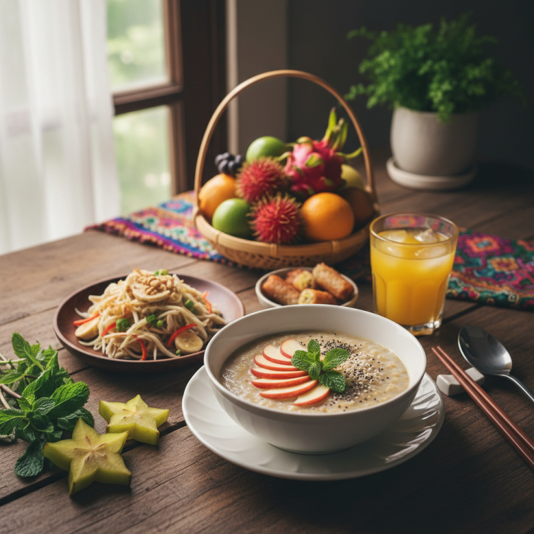 Bữa sáng yến mạch với táo và hạt chia - minh họa chất xơ hòa tan tốt cho tim mạch