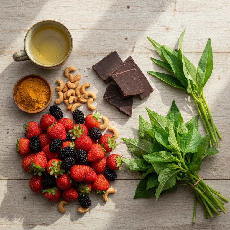 Một bàn ăn bày biện đẹp mắt với các loại thực phẩm giàu polyphenol phổ biến tại Việt Nam như trà xanh, dâu tây, nghệ, sô cô la đen, hạt điều và rau xanh.