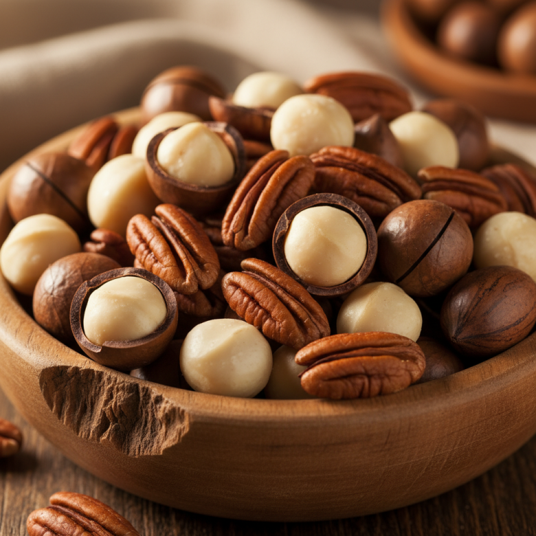 Cận cảnh hạt Mắc ca và hạt Hồ đào tươi ngon, thể hiện sự giàu dưỡng chất