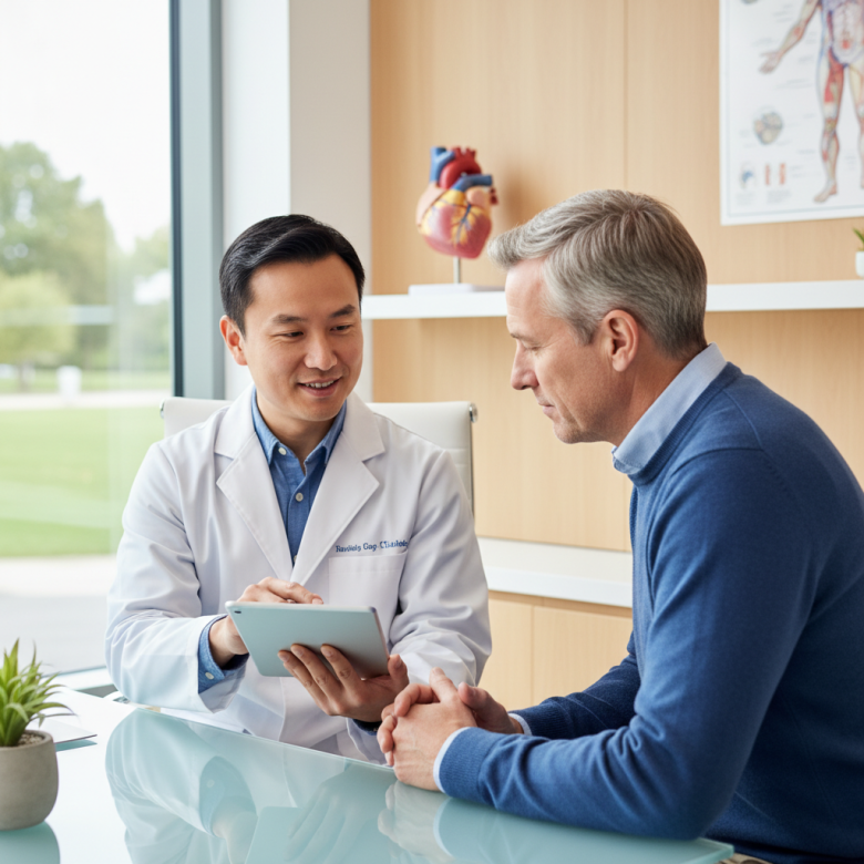 Bác sĩ nam trung niên đang ân cần tư vấn cho một bệnh nhân lớn tuổi trong phòng khám hiện đại, trên tường có mô hình tim mạch, không khí tin cậy và chuyên nghiệp.