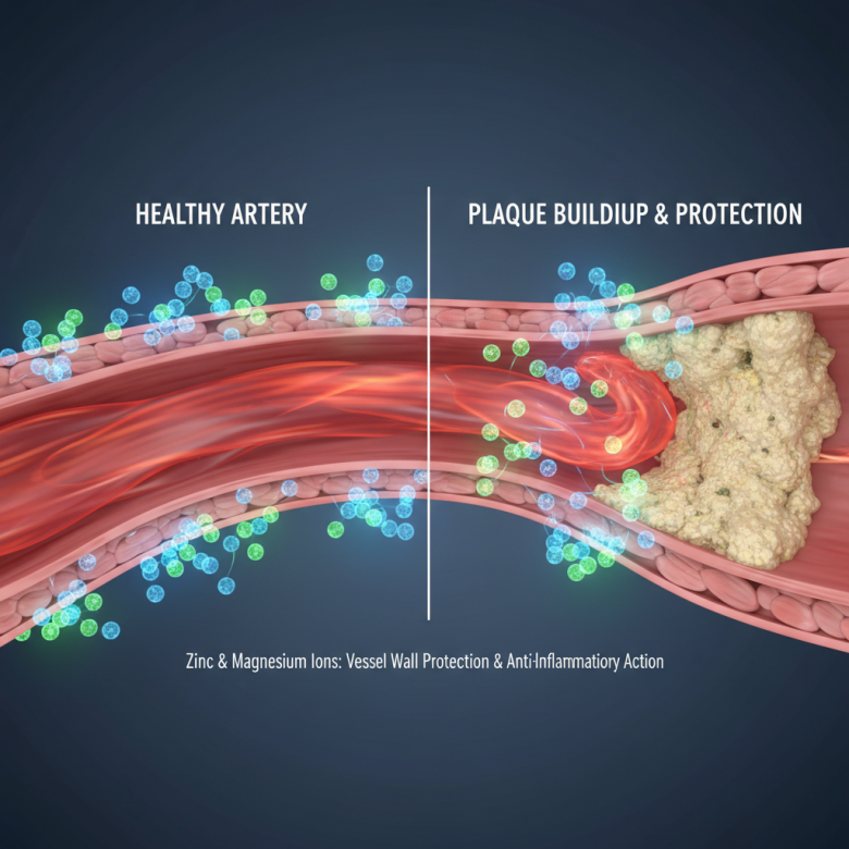 Hình minh họa 3D so sánh mạch máu khỏe mạnh và mạch máu bị xơ vữa, với các ion kẽm và magie đang hoạt động bảo vệ thành mạch