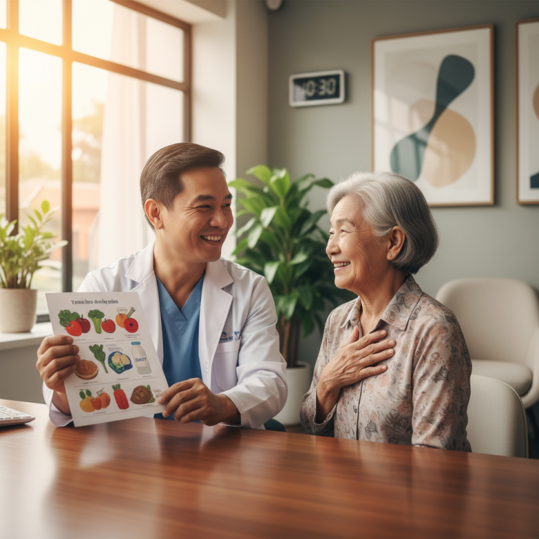 Bác sĩ tim mạch đang ân cần tư vấn dinh dưỡng cho một bệnh nhân lớn tuổi trong phòng khám hiện đại và ấm cúng