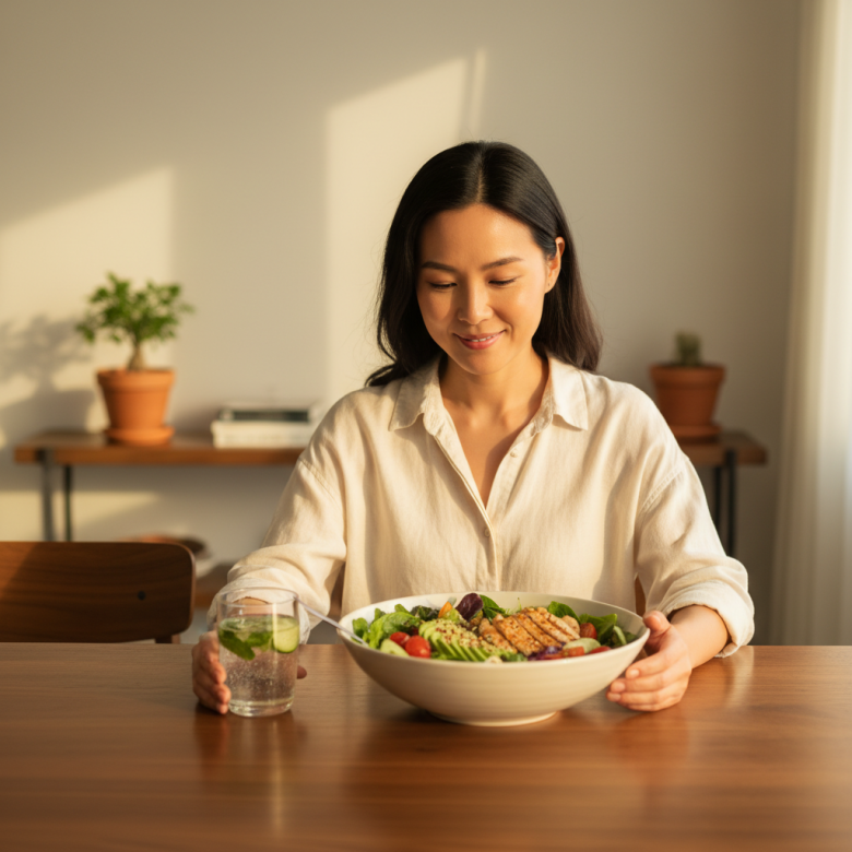 Một người phụ nữ mỉm cười nhẹ nhõm nhìn vào đĩa salad ngon lành, thể hiện sự cân bằng tâm lý và tha thứ cho bản thân sau khi ăn nhiều.