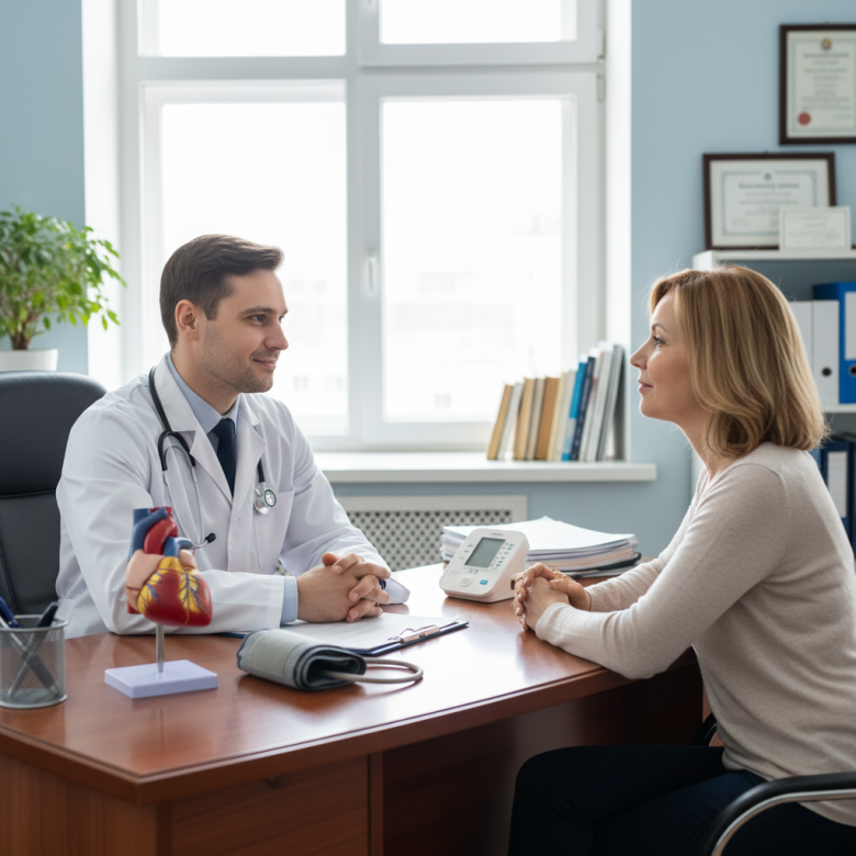 Bác sĩ nam đang tư vấn ân cần cho bệnh nhân, trên bàn có mô hình tim và máy đo huyết áp.