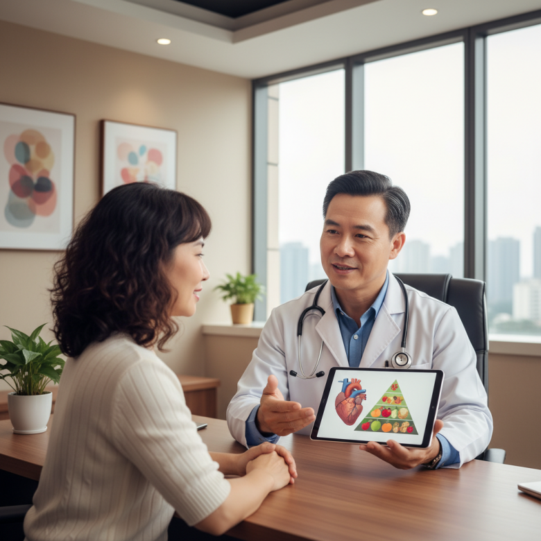 Bác sĩ chuyên khoa tim mạch đang ân cần tư vấn dinh dưỡng và kiểm tra sức khỏe cho một bệnh nhân trung niên, không gian phòng khám hiện đại, tin cậy.
