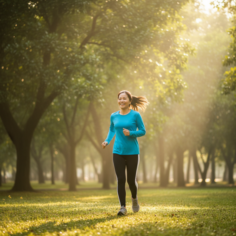 Hình ảnh người phụ nữ Việt Nam trung niên khỏe mạnh, vui vẻ tập thể dục buổi sáng, thể hiện sức sống và năng lượng tích cực.