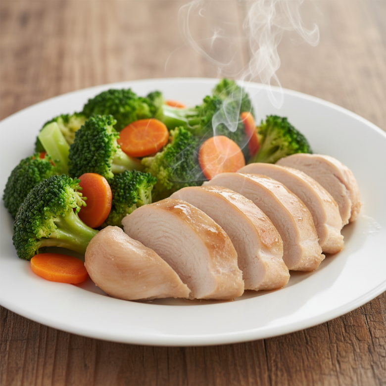 Đĩa thức ăn mẫu cho người bệnh tim mạch gồm ức gà hấp, súp lơ xanh và cà rốt hấp, trình bày đẹp mắt, ngon miệng.