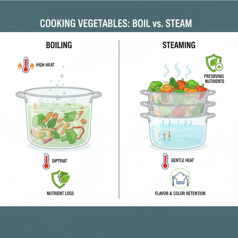 So sánh hình ảnh minh họa giữa phương pháp luộc và hấp rau củ, bên trái là nồi nước sôi ngập rau làm mất vitamin vào nước, bên phải là xửng hấp giữ lại màu xanh tươi và vitamin, phong cách y khoa giáo dục.