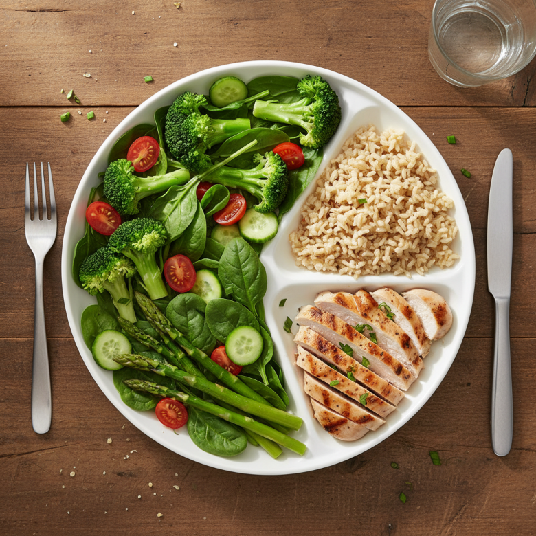 Một đĩa ăn cân bằng dinh dưỡng với 50% là rau xanh tươi mát, 25% là thịt nướng và 25% là cơm gạo lứt, thể hiện tỷ lệ vàng cho sức khỏe tim mạch.