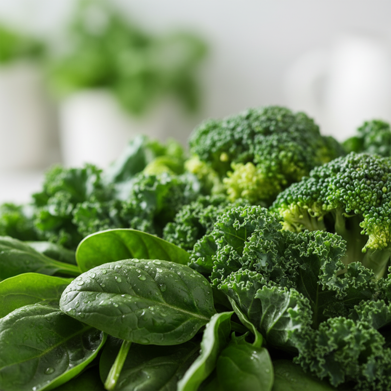 Cận cảnh các loại rau lá xanh đậm như cải bó xôi, súp lơ xanh và cải xoăn, tươi ngon và đọng nước, biểu tượng cho lá chắn bảo vệ tim mạch.