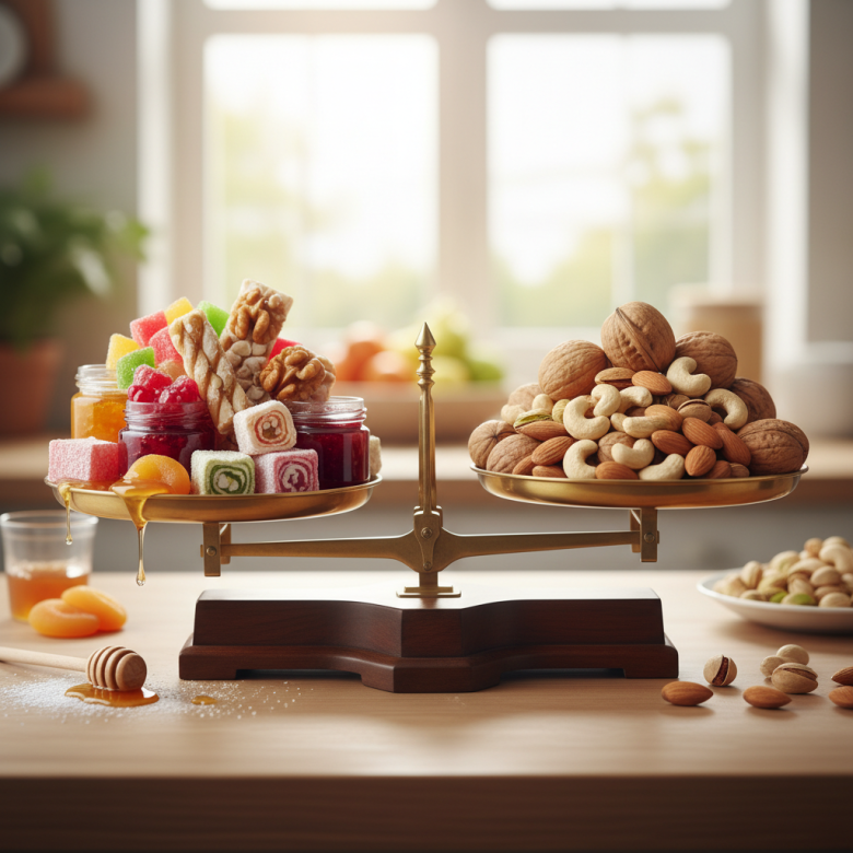 Hình ảnh so sánh cân bằng giữa một bên là bánh mứt ngọt và một bên là các loại hạt dinh dưỡng như óc chó, hạnh nhân, thể hiện sự lựa chọn lành mạnh.