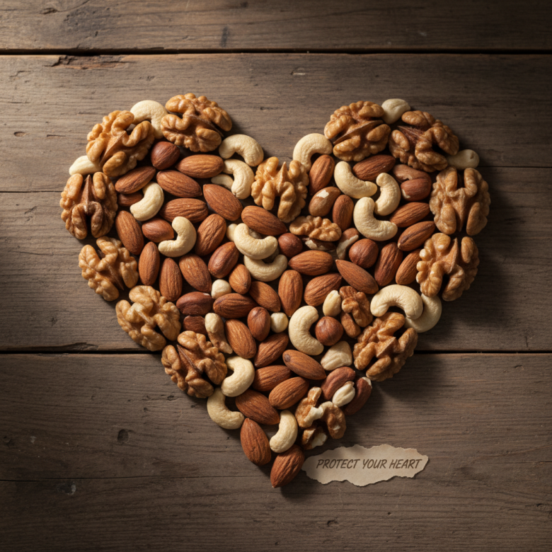 Cận cảnh các loại hạt dinh dưỡng (óc chó, hạnh nhân, hạt điều) được sắp xếp khéo léo thành hình trái tim trên nền gỗ, tượng trưng cho sự bảo vệ tim mạch.