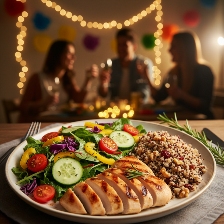Một đĩa thức ăn lành mạnh trên bàn tiệc với 50% là rau xanh, 25% thịt nạc và 25% tinh bột, xung quanh là không khí tiệc tùng vui vẻ.