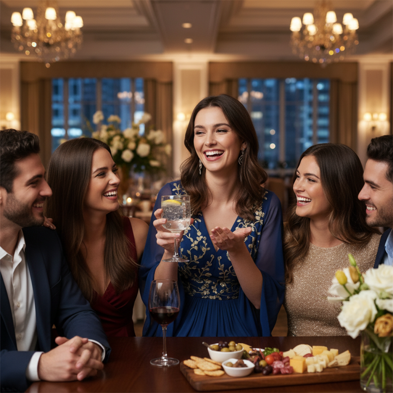 Người phụ nữ vui vẻ cầm ly nước lọc trò chuyện tại bữa tiệc, trên tay kia cầm nhẹ một ly rượu vang nhỏ, thể hiện sự kiểm soát chừng mực.