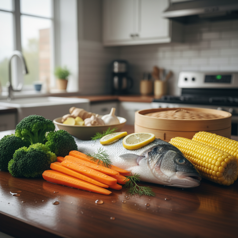 Các loại rau củ quả tươi ngon như súp lơ, cà rốt, ngô ngọt và cá tươi được bày biện đẹp mắt trên bàn bếp, thể hiện sự tươi mới và nguyên liệu lành mạnh cho món hấp.