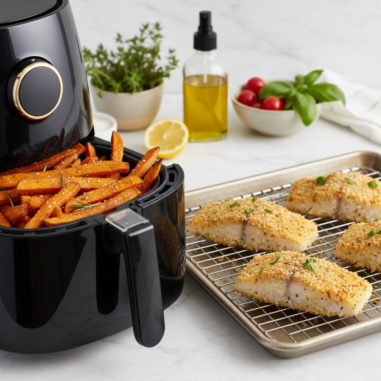 Sử dụng nồi chiên không dầu và khay nướng lưới để tạo món ăn giòn ngon ít dầu mỡ