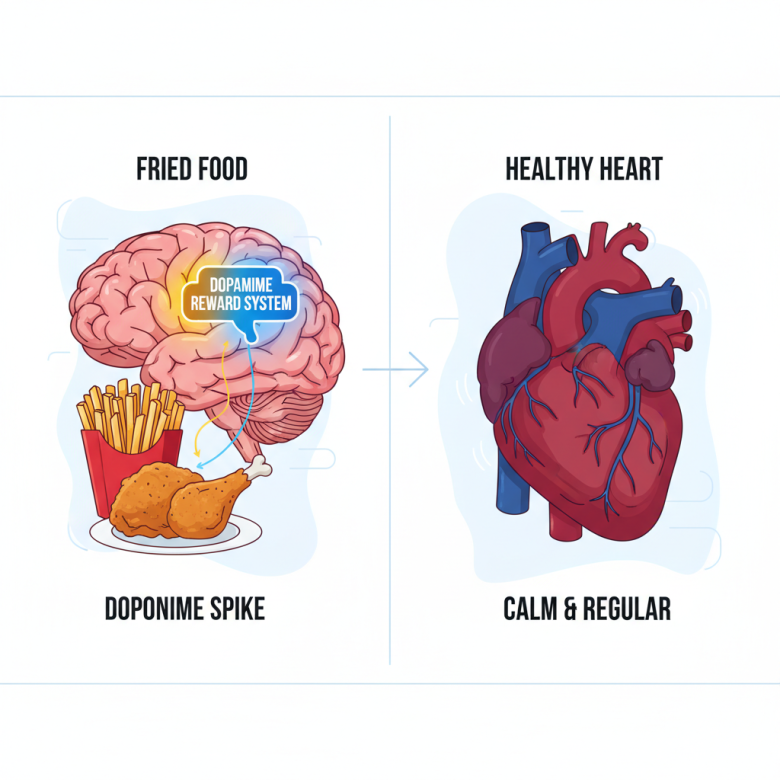 Hình minh họa não bộ con người phản ứng với đồ ăn chiên rán, so sánh giữa cảm giác thèm ăn do dopamine và hình ảnh trái tim khỏe mạnh, phong cách đồ họa y khoa dễ hiểu.