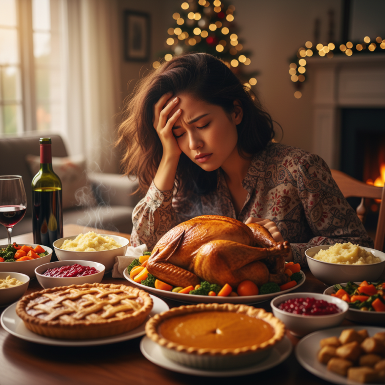 Người phụ nữ trẻ ngồi trước bàn ăn nhiều món ngon ngày Tết hoặc tiệc tùng, vẻ mặt lo lắng, tay ôm trán thể hiện sự hối hận và tự trách.