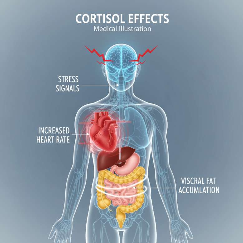 Sơ đồ minh họa tác động của cortisol lên cơ thể: từ não bộ căng thẳng đến tích tụ mỡ bụng và ảnh hưởng tim mạch.