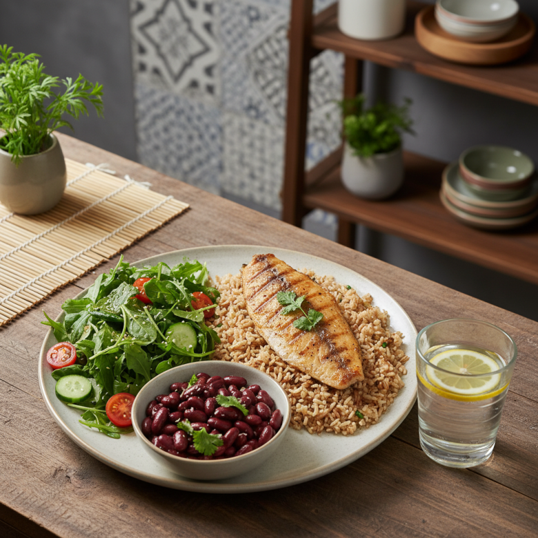 Bữa ăn mẫu cho bệnh nhân tim mạch: cá nướng, cơm gạo lứt, salad và đậu.