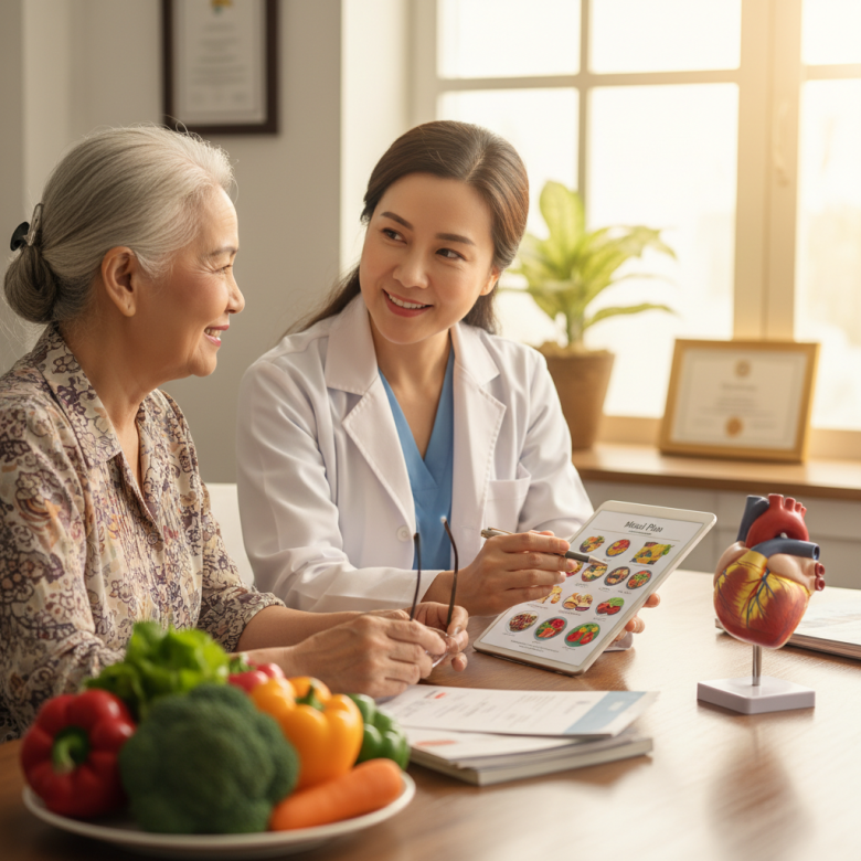 Bác sĩ ân cần tư vấn chế độ ăn uống cho bệnh nhân lớn tuổi, trên bàn có mô hình trái tim và các loại thực phẩm lành mạnh.