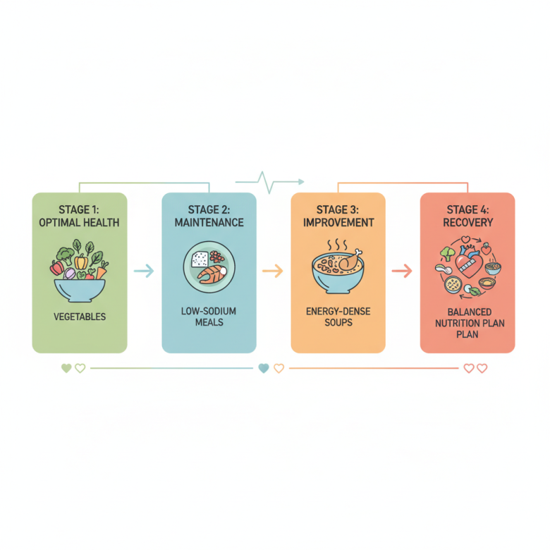 Hình ảnh so sánh các giai đoạn bệnh tim với các biểu tượng thực phẩm khác nhau, từ phòng ngừa đến điều trị chuyên sâu.