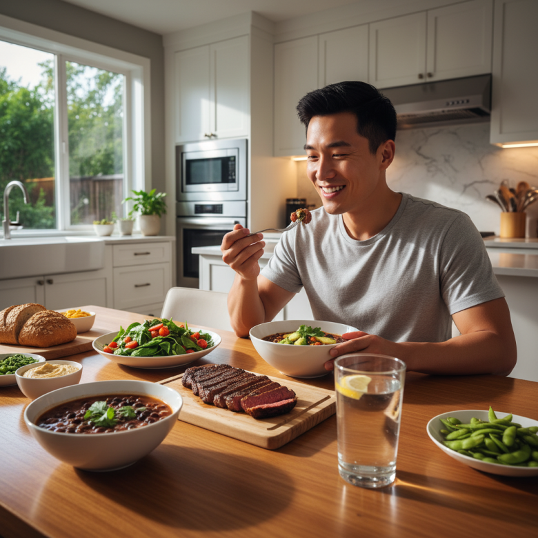 Một người trẻ tuổi đang ăn bữa ăn lành mạnh với đầy đủ dinh dưỡng, trên bàn có ly nước lọc và các loại thực phẩm giàu sắt như thịt bò và rau xanh, ánh sáng tự nhiên, phong cách tươi sáng.