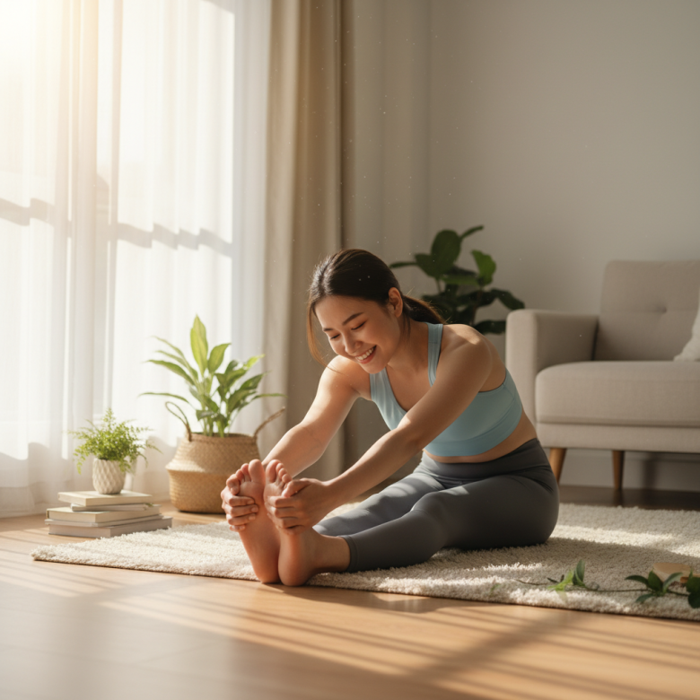 Người phụ nữ trẻ đang tập yoga nhẹ nhàng hoặc giãn cơ trong phòng khách, khuôn mặt thư giãn và vui vẻ, thể hiện lối sống lành mạnh.