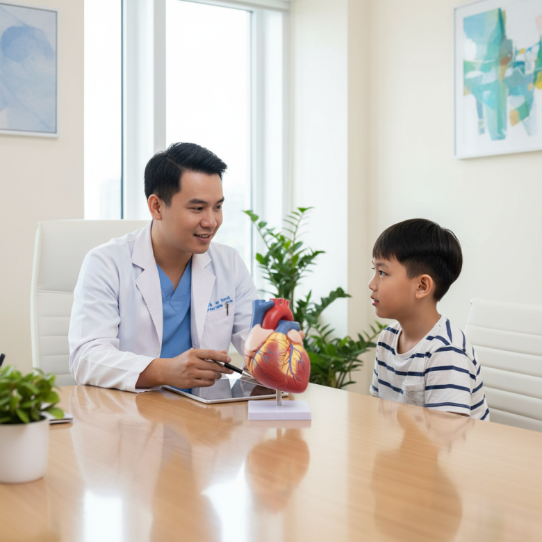 Bác sĩ tim mạch đang tư vấn thân thiện cho một bệnh nhân trẻ tuổi tại phòng khám hiện đại, trên bàn có mô hình trái tim.
