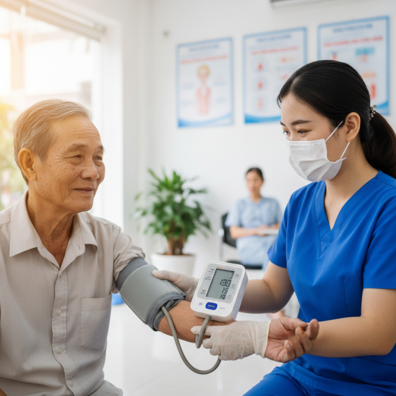 Người cao tuổi được đo huyết áp tại phòng khám ở TPHCM