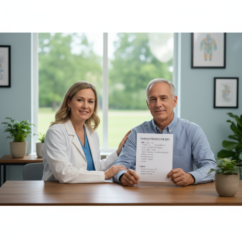 Bác sĩ tim mạch tư vấn bệnh nhân về chế độ ăn và loại dầu nên dùng