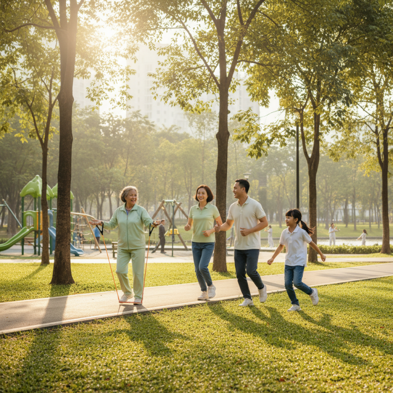 Gia đình ba thế hệ người Việt Nam (ông bà, cha mẹ, con cái) đang vui vẻ tập thể dục hoặc đi dạo trong công viên, thể hiện lối sống lành mạnh ngăn ngừa bệnh di truyền