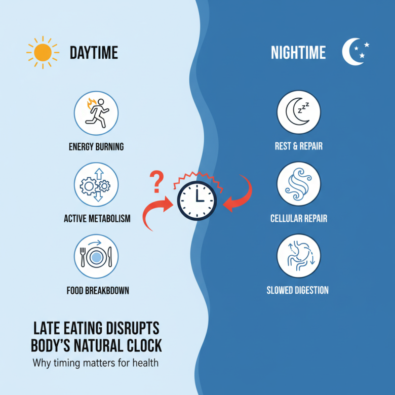 Hình minh họa so sánh cơ thể con người vào ban ngày và ban đêm, với biểu đồ nhịp sinh học cho thấy sự khác biệt trong quá trình trao đổi chất và tiêu hóa.