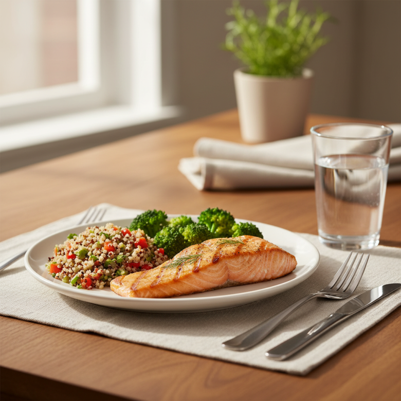 Bữa ăn tối lành mạnh với cá hồi, rau xanh và ngũ cốc, đặt trên bàn ăn gọn gàng, bên cạnh là ly nước lọc, thể hiện lối sống bảo vệ tim mạch.