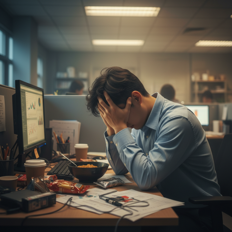 Một người trẻ tuổi ngồi tại bàn làm việc văn phòng, tay ôm đầu tỏ vẻ mệt mỏi, chóng mặt và khó tập trung, xung quanh là giấy tờ công việc, ánh sáng mờ ảo thể hiện sự uể oải.