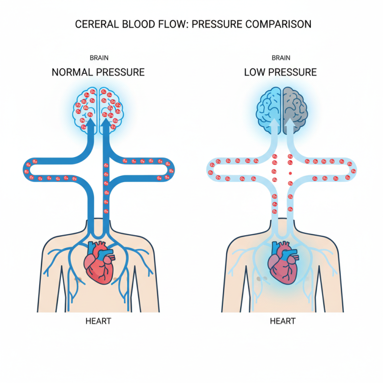 Hình minh họa y khoa đơn giản mô tả dòng máu lưu thông từ tim lên não, so sánh giữa áp lực bình thường và huyết áp thấp, phong cách hiện đại dễ hiểu.