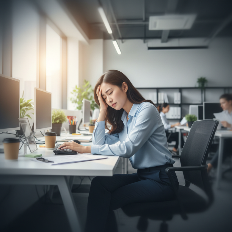 Người trẻ tuổi bị chóng mặt, tay ôm đầu khi đang làm việc tại văn phòng do tụt huyết áp