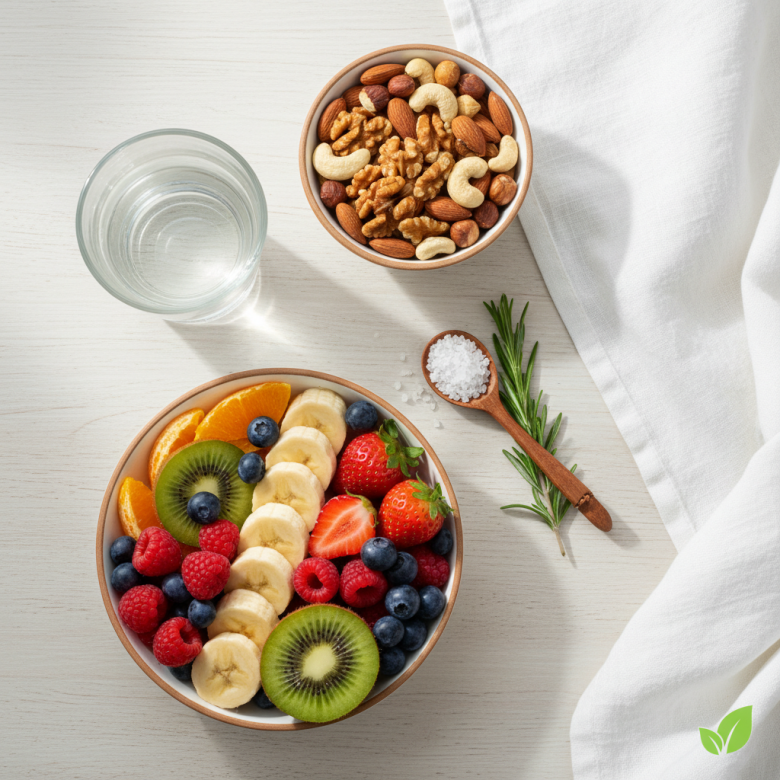 Các thực phẩm lành mạnh và ly nước giúp ngăn ngừa tụt huyết áp