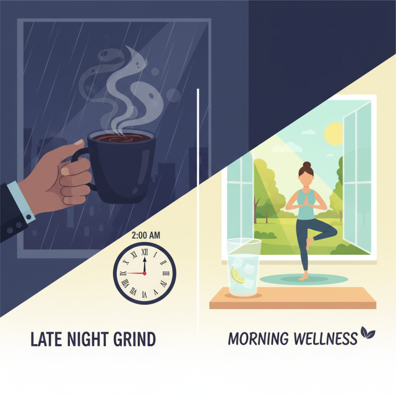 Hình minh họa so sánh thói quen xấu và tốt: một bên là cà phê và thức khuya, một bên là uống nước lọc và tập yoga nhẹ nhàng