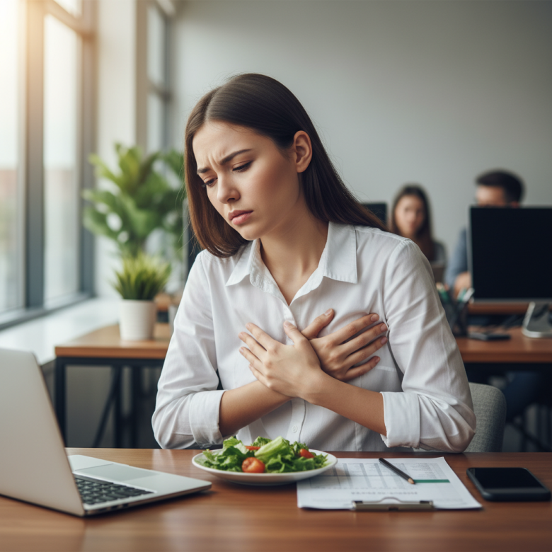 Người trẻ tuổi ôm ngực biểu hiện mệt mỏi và khó thở khi đang làm việc văn phòng, minh họa dấu hiệu suy tim sớm.