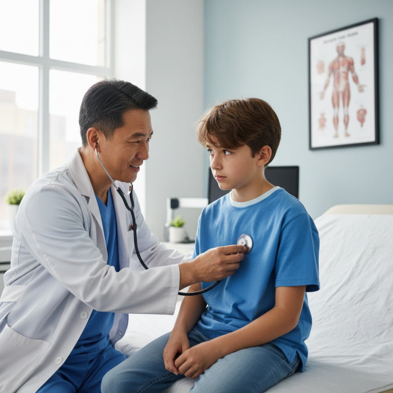 Bác sĩ tim mạch đang tư vấn và sử dụng ống nghe khám cho bệnh nhân trẻ tuổi, thể hiện sự quan tâm và chuyên nghiệp.