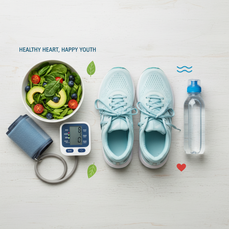 Hình ảnh minh họa lối sống lành mạnh cho trái tim: chạy bộ nhẹ nhàng, ăn uống ít muối và kiểm tra huyết áp.