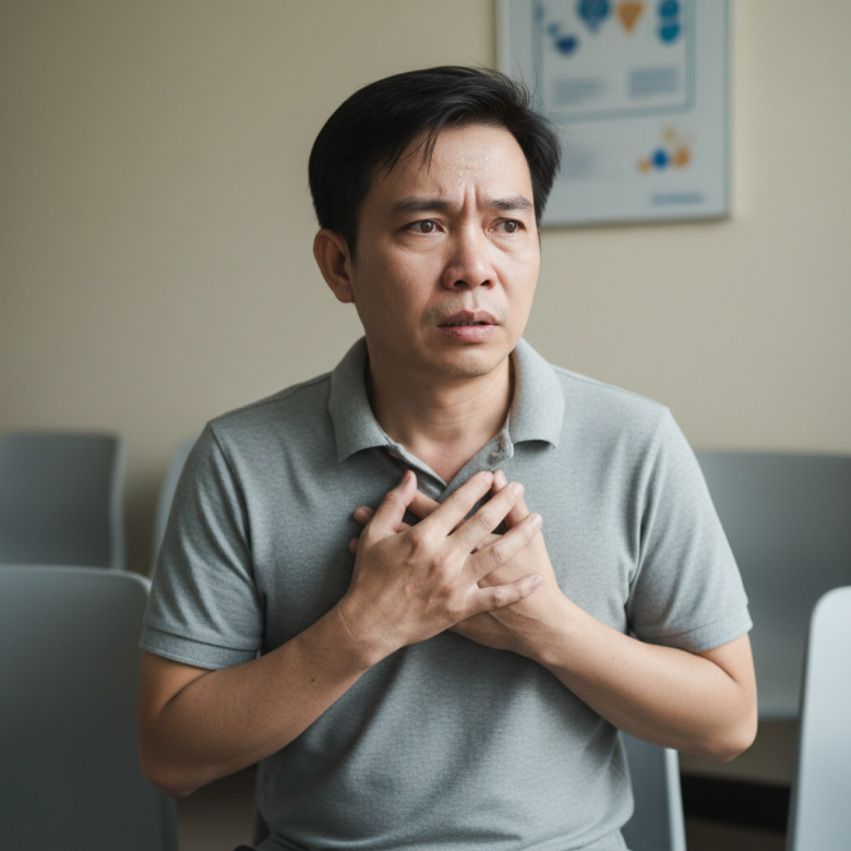 Người trung niên da tái, mồ hôi lạnh, biểu hiện cảnh báo nhồi máu cơ tim