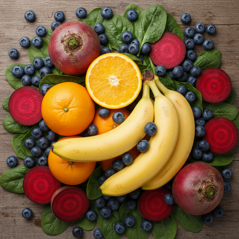 Trái cây và rau giàu kali: chuối, cam, việt quất, rau bina và củ cải đường
