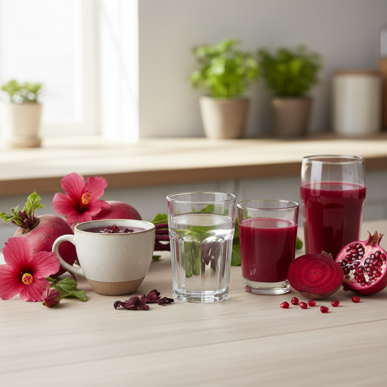 Các đồ uống lành mạnh cho người cao huyết áp: nước lọc, trà hibiscus, nước củ dền, nước ép lựu.