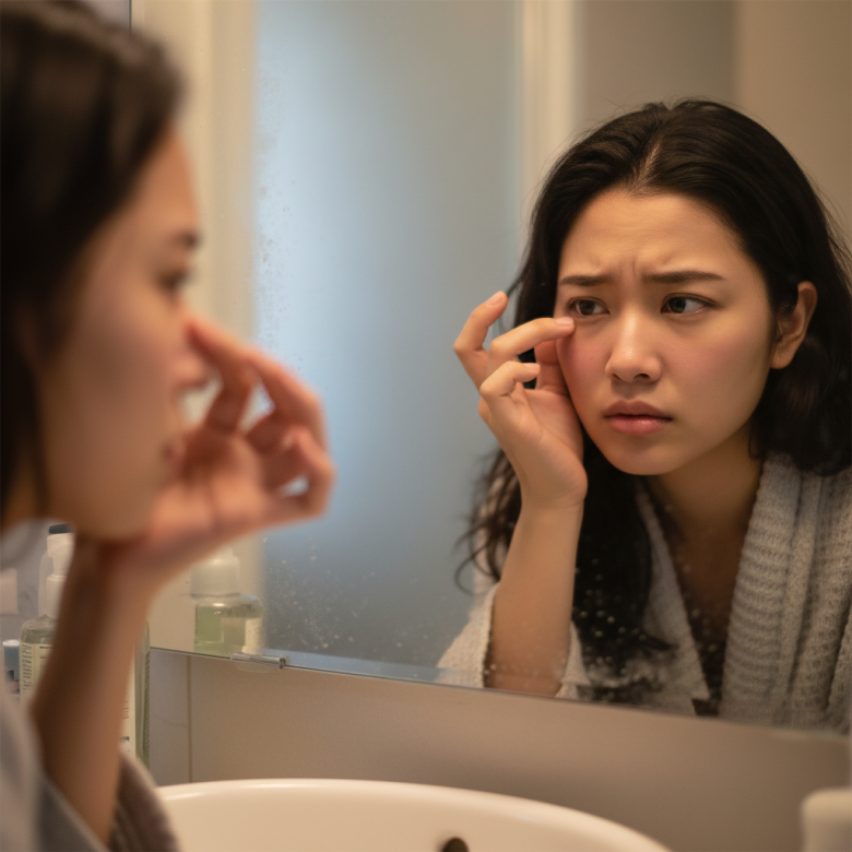 Cận cảnh khuôn mặt một người phụ nữ nhìn vào gương, lo lắng khi thấy mắt có vệt đỏ nhẹ hoặc mặt đỏ bừng, thể hiện dấu hiệu tinh tế của huyết áp cao.