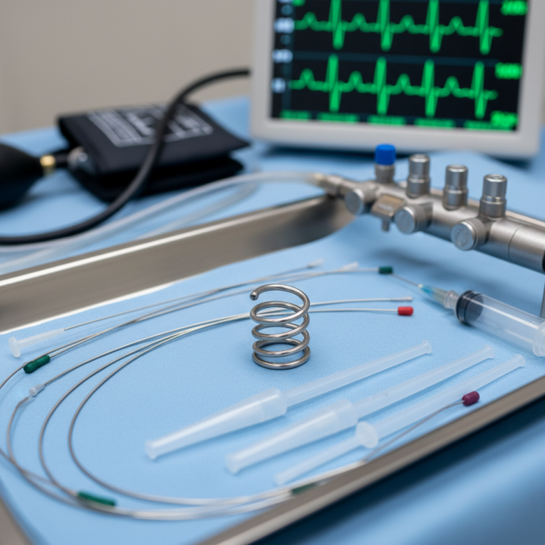 Stent mạch vành và dụng cụ phòng can thiệp (minh họa thiết bị y tế)